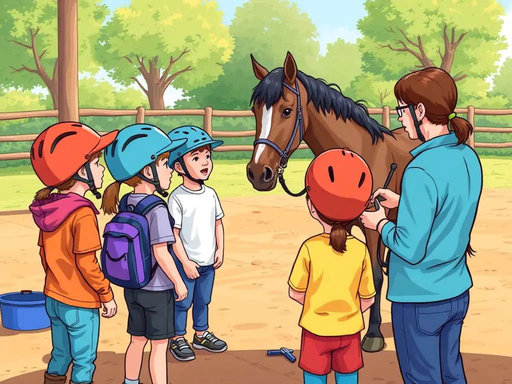 A group of young riders participating in a basic horsemanship class, learning about horse care and handling techniques in a safe, outdoor environment.