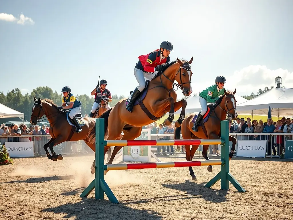 A dynamic image of riders competing in a regional equestrian competition, showcasing skill, precision, and sportsmanship.