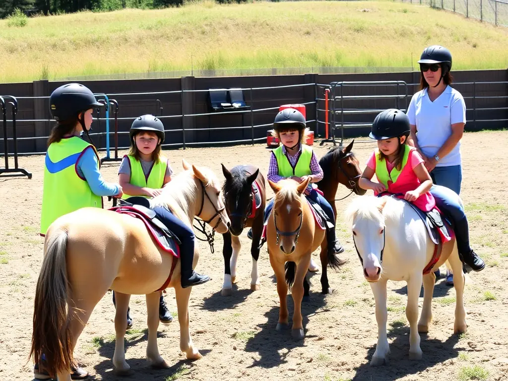 A group of young riders participating in a beginner's equestrian training session, focusing on basic horsemanship skills and safety.