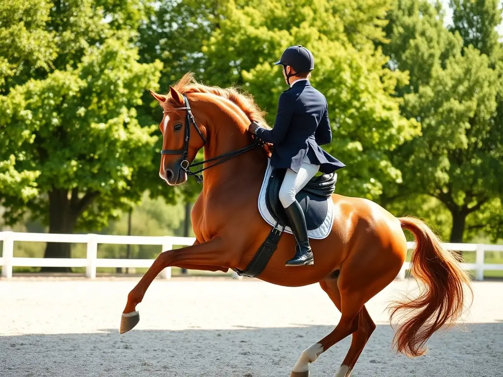 A skilled equestrian demonstrating advanced dressage techniques during a training session, showcasing precision and harmony between horse and rider.