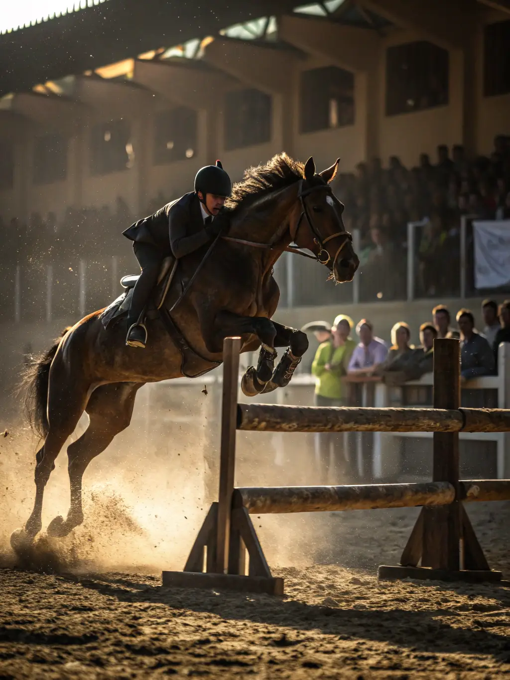 A rider confidently navigating an obstacle course, demonstrating the skill, focus, and discipline required in equestrian sports.