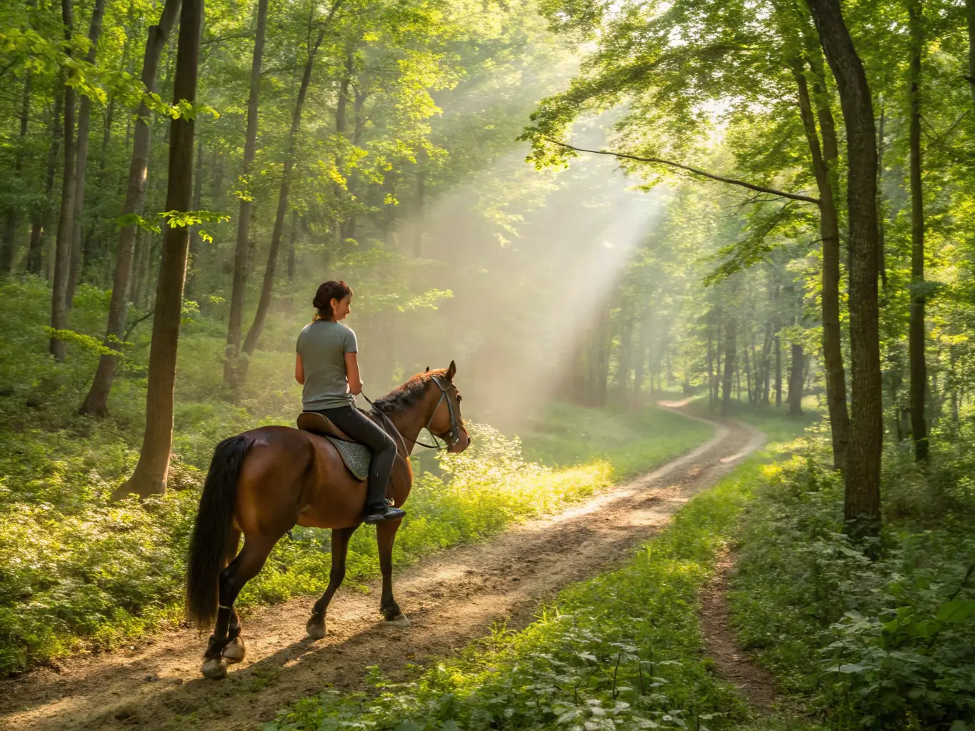 A scenic view of a horse and rider exploring a beautiful trail in the Nouvelle Aquitaine countryside, highlighting the connection with nature and the joy of outdoor recreation.