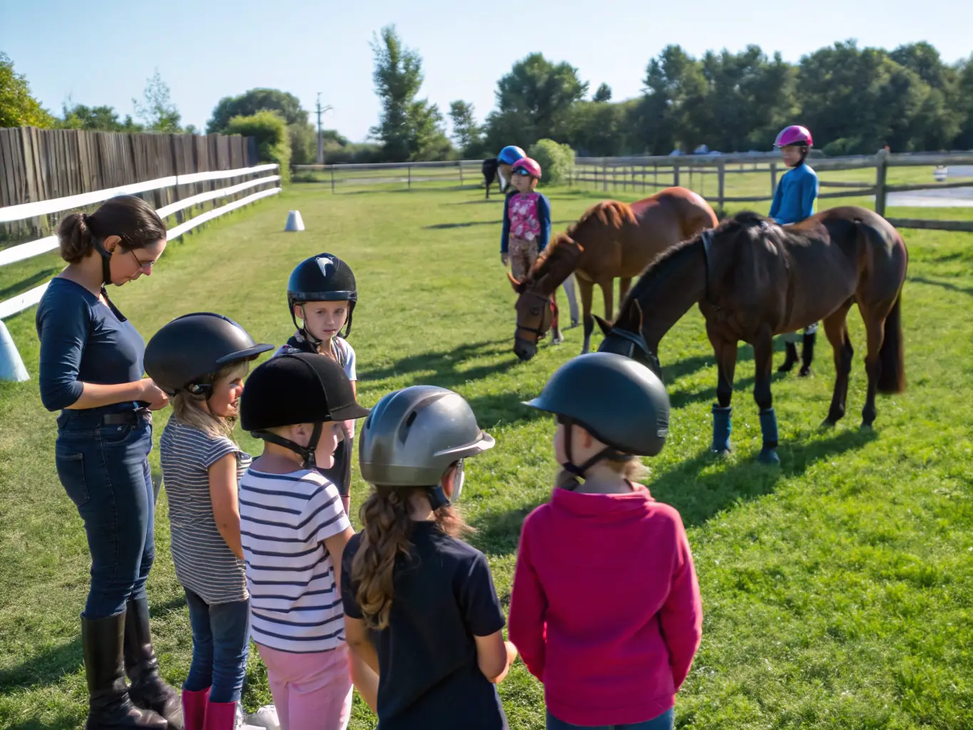 A group of young riders participating in a beginner's equestrian training session, focusing on basic horsemanship skills and safety.