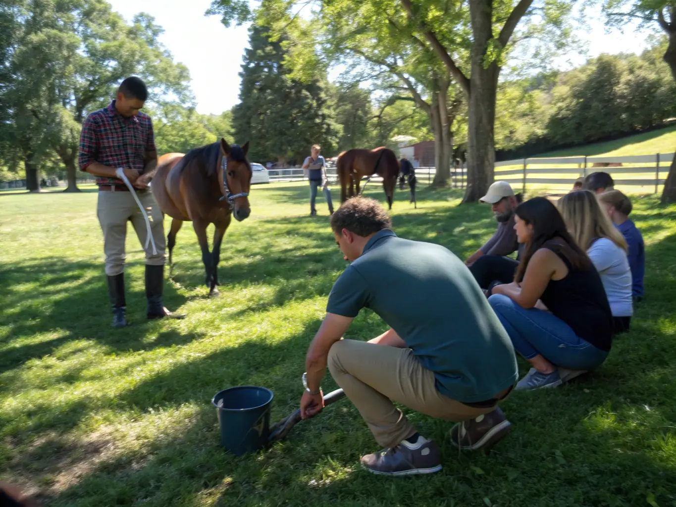 A classroom setting where experienced instructors are teaching a course on horse care and management, with participants actively engaged in learning.