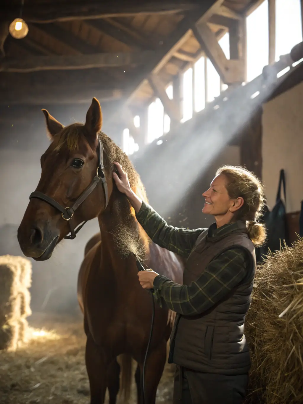A young rider smiling while grooming a horse, showcasing the bond and care involved in equestrian activities, set in a sunny stable.