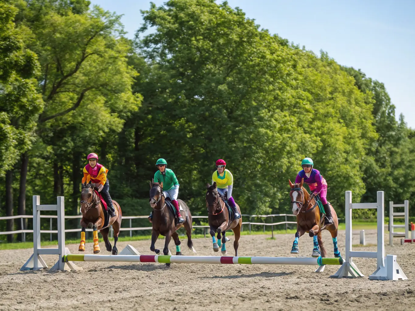 A dynamic shot of a group of young riders participating in a jumping competition, showcasing their skill and teamwork. The image captures the excitement and competitive spirit of equestrian sports.