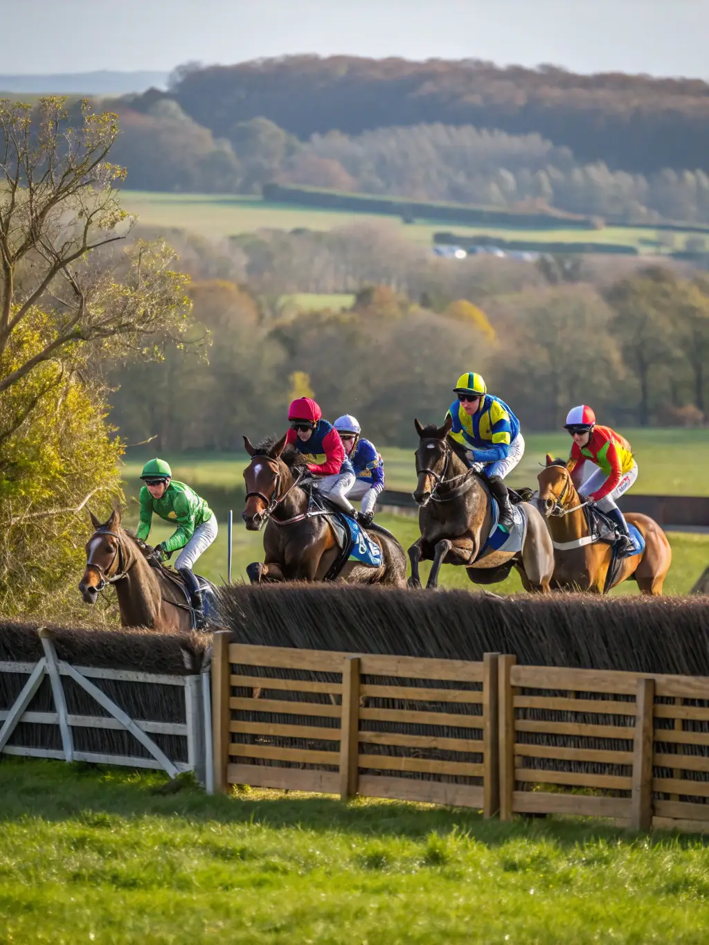 A dynamic shot of riders participating in a cross-country jumping event, showcasing the excitement and challenge of the sport.