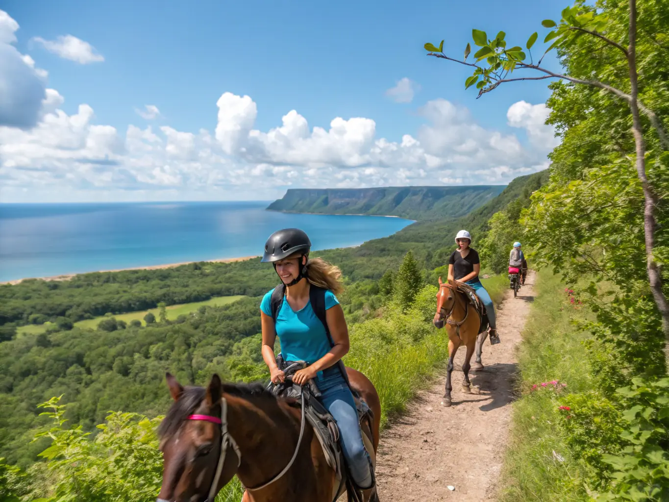 Participants of all ages enjoying a scenic trail ride through the countryside, emphasizing the recreational and therapeutic benefits of equestrian activities.