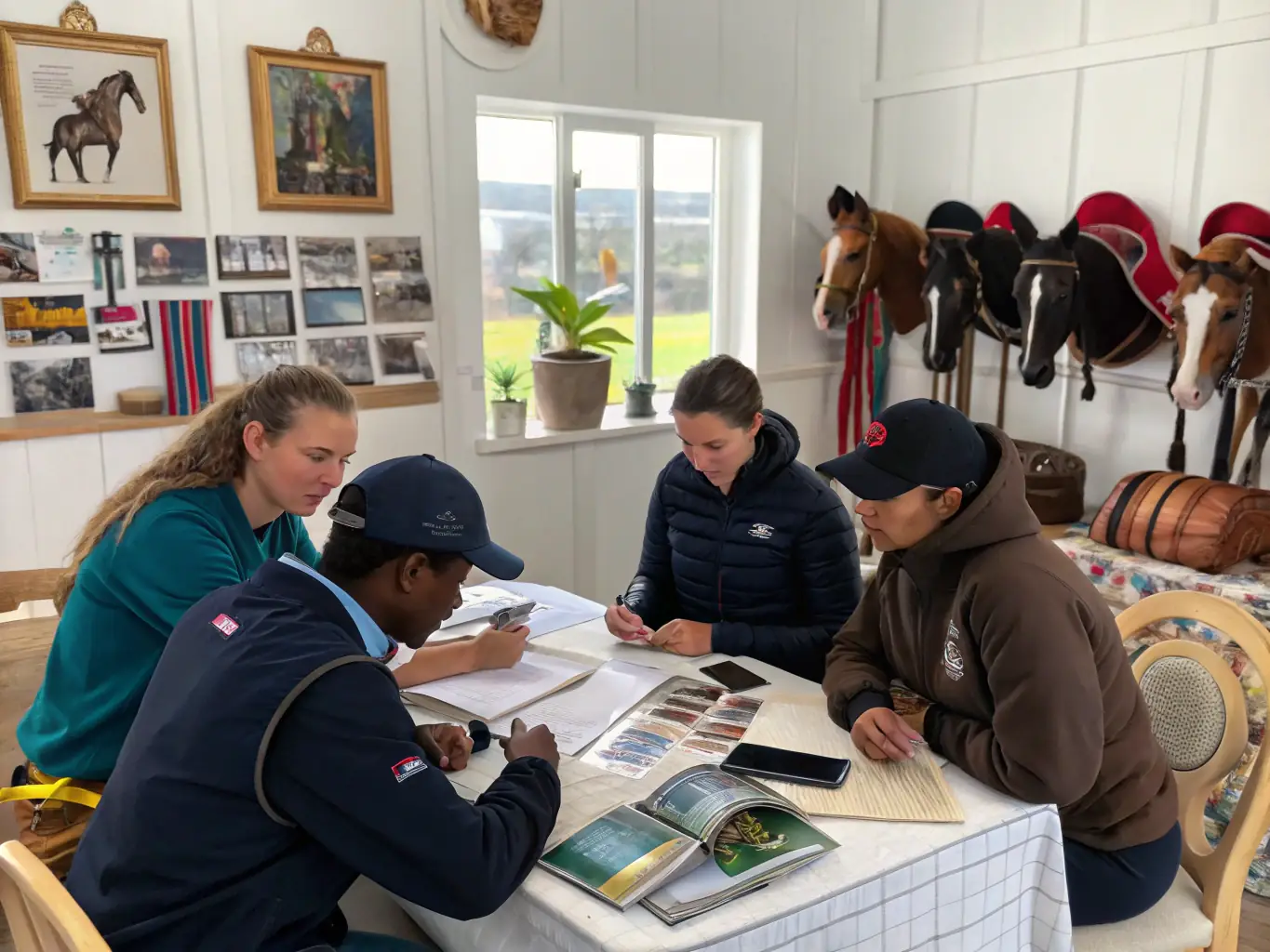An educational workshop on horse care and management, with participants learning about equine health, nutrition, and stable management practices.