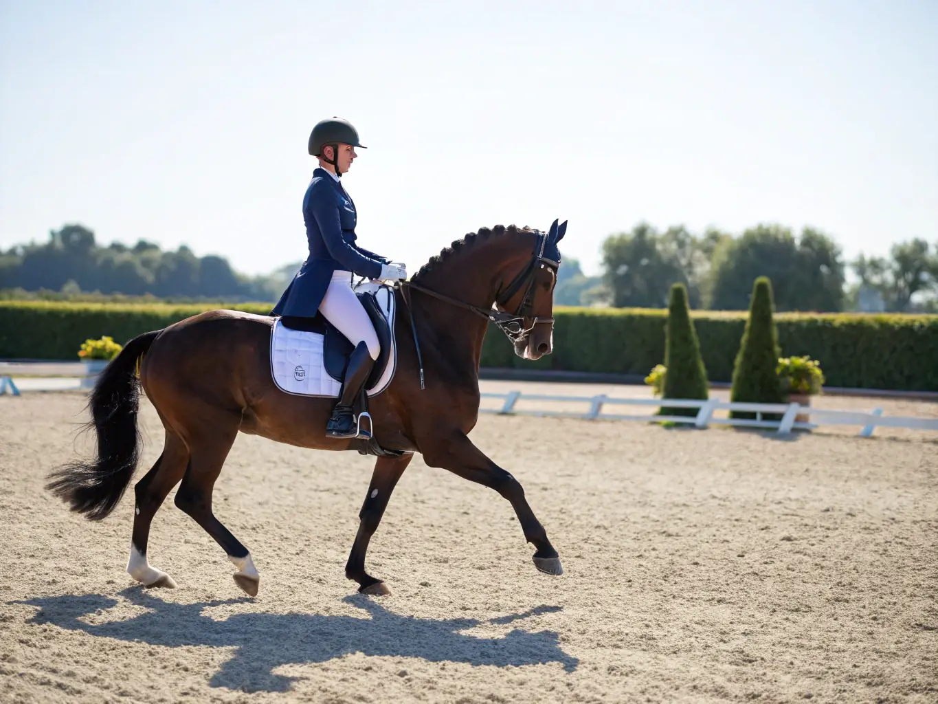 A dynamic image of a horse and rider competing in a regional dressage competition, showcasing skill and precision.