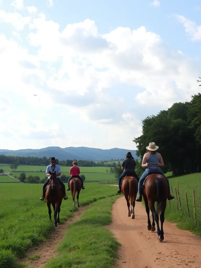 A serene image of riders and horses enjoying a leisurely trail ride through the scenic landscapes of Nouvelle Aquitaine, emphasizing the recreational aspect of equestrian activities.