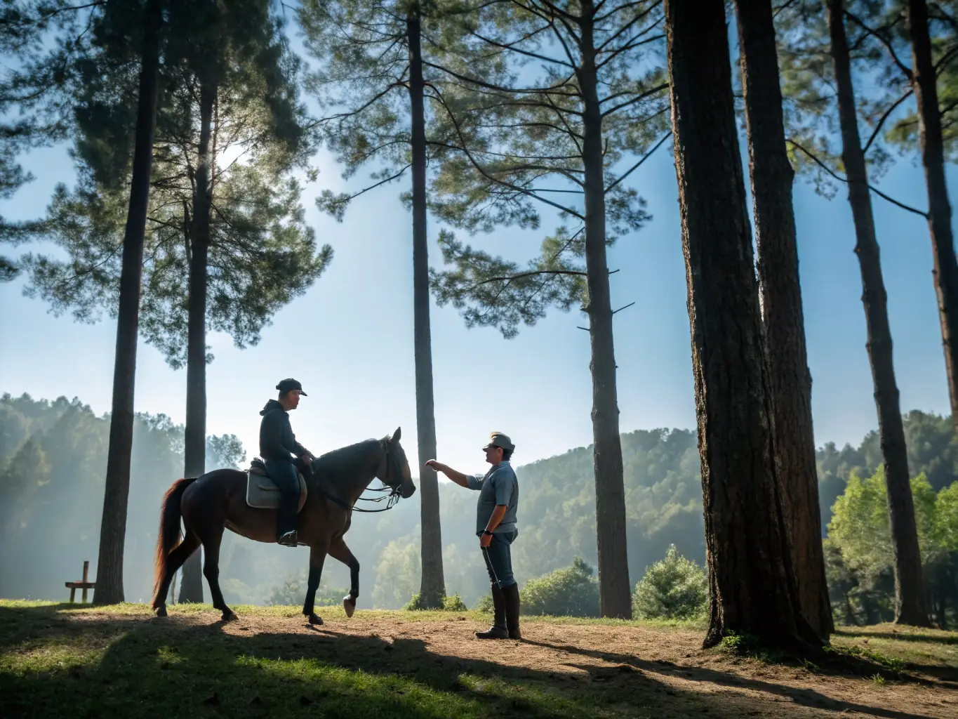 A picturesque scene of a therapeutic riding session, showing a person with a disability smiling while riding a horse, guided by instructors in a serene outdoor setting. The image emphasizes the therapeutic benefits of equestrian activities.
