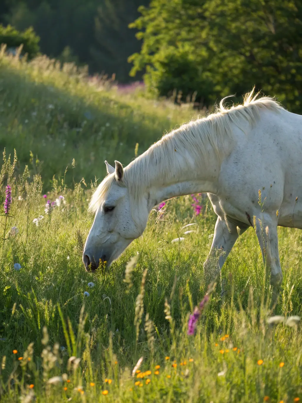 A person meditating near a horse in a calm pasture, emphasizing the therapeutic and stress-relieving aspects of equestrian activities.